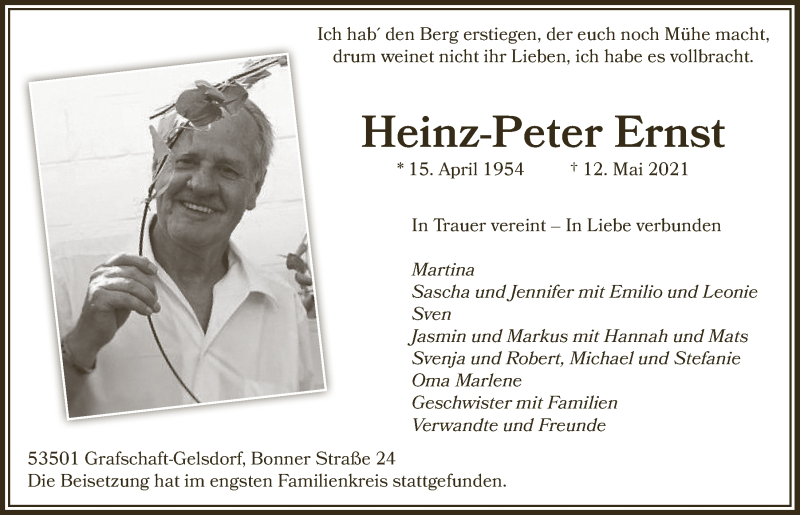  Traueranzeige für Heinz-Peter Ernst vom 28.05.2021 aus  Schaufenster/Blickpunkt 