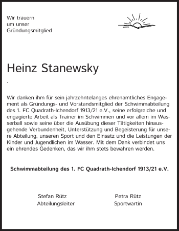 Anzeige von Heinz Stanewsky von Kölner Stadt-Anzeiger / Kölnische Rundschau / Express