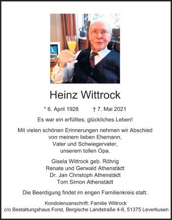 Anzeige von Heinz Wittrock von Kölner Stadt-Anzeiger / Kölnische Rundschau / Express