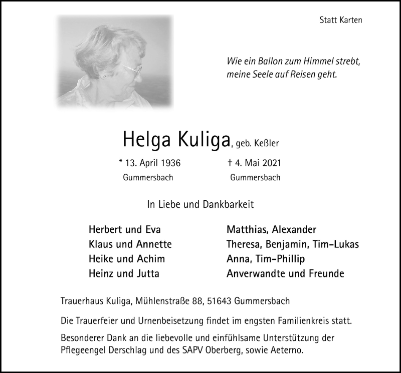  Traueranzeige für Helga Kuliga vom 14.05.2021 aus  Anzeigen Echo 