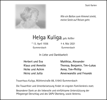 Anzeige von Helga Kuliga von  Anzeigen Echo 
