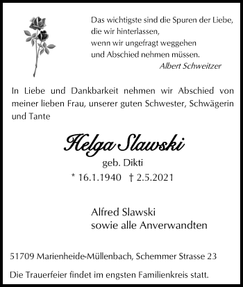 Anzeige von Helga Slwaski von Kölner Stadt-Anzeiger / Kölnische Rundschau / Express