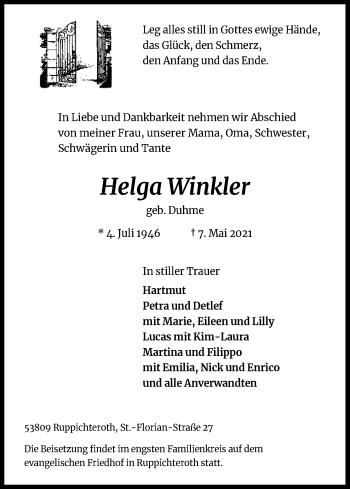 Anzeige von Helga Winkler von Kölner Stadt-Anzeiger / Kölnische Rundschau / Express