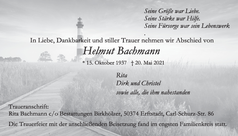  Traueranzeige für Helmut Bachmann vom 28.05.2021 aus  Werbepost 