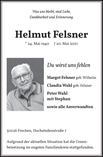 Anzeige von Helmut Felsner von  Wochenende 