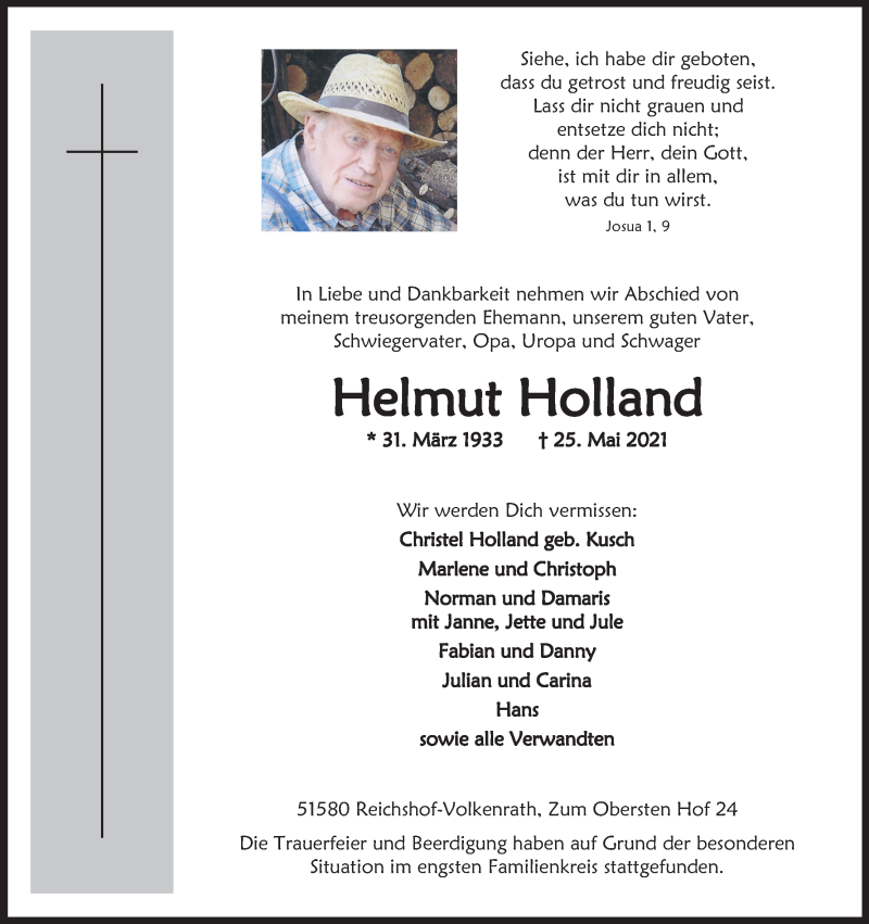  Traueranzeige für Helmut Holland vom 29.05.2021 aus Kölner Stadt-Anzeiger / Kölnische Rundschau / Express