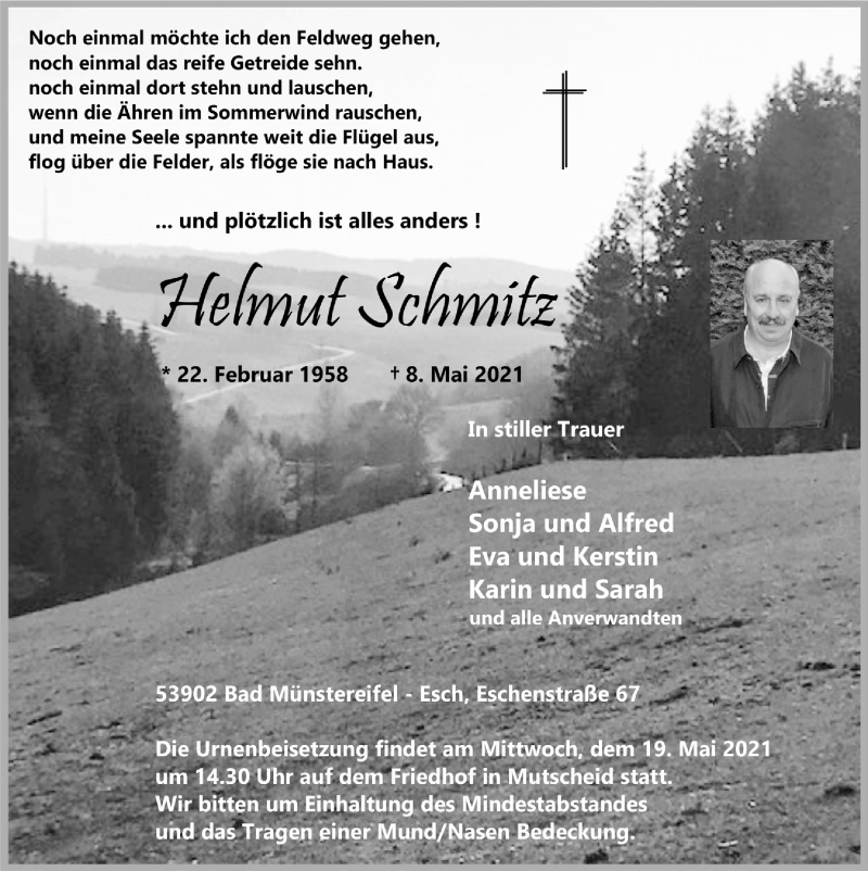  Traueranzeige für Helmut Schmitz vom 15.05.2021 aus  Blickpunkt Euskirchen 