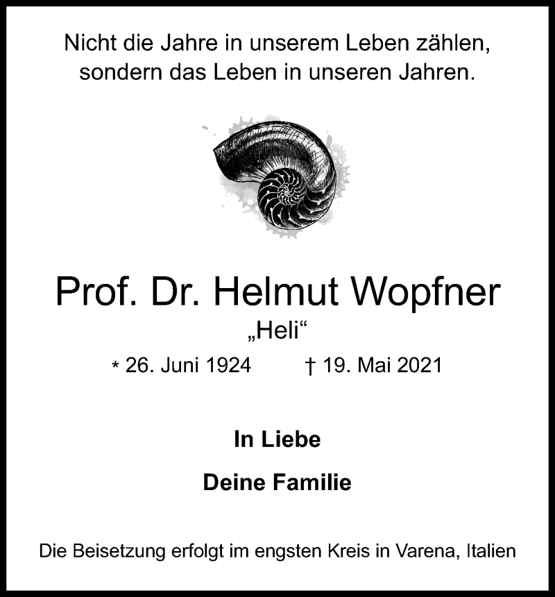  Traueranzeige für Helmut Wopfner vom 29.05.2021 aus Kölner Stadt-Anzeiger / Kölnische Rundschau / Express