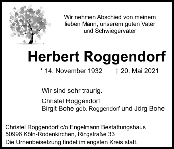 Anzeige von Herbert Roggendorf von Kölner Stadt-Anzeiger / Kölnische Rundschau / Express