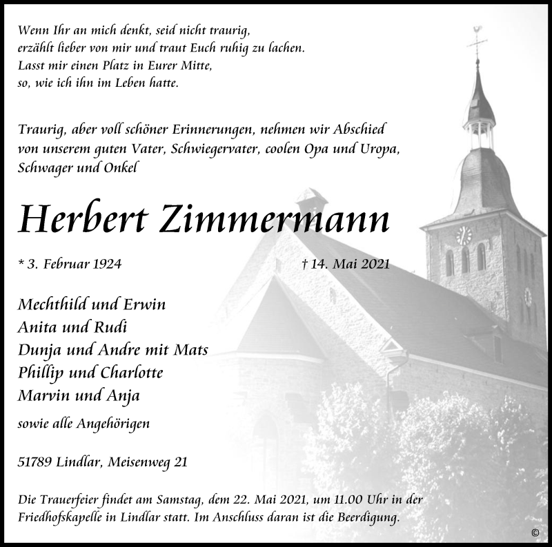  Traueranzeige für Herbert Zimmermann vom 19.05.2021 aus Kölner Stadt-Anzeiger / Kölnische Rundschau / Express