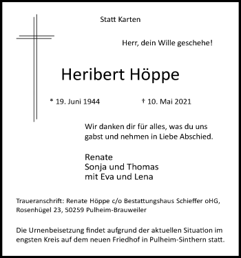 Anzeige von Heribert Höppe von Kölner Stadt-Anzeiger / Kölnische Rundschau / Express