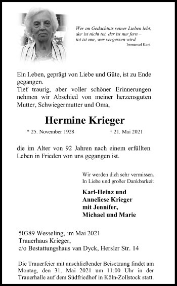 Anzeige von Hermine Krieger von Kölner Stadt-Anzeiger / Kölnische Rundschau / Express