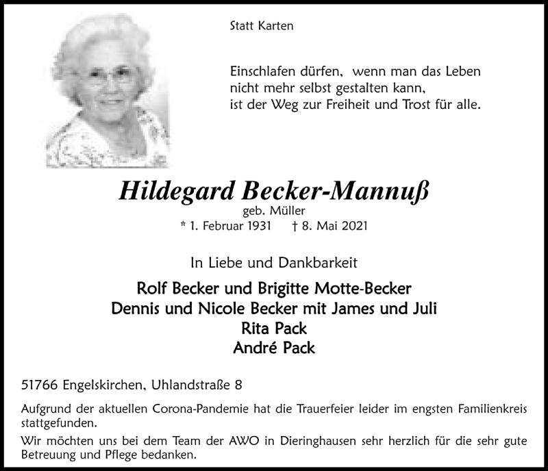  Traueranzeige für Hildegard Becker-Mannuß vom 21.05.2021 aus  Anzeigen Echo 