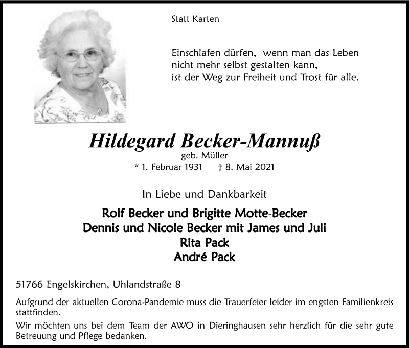  Traueranzeige für Hildegard Becker-Mannuß vom 15.05.2021 aus Kölner Stadt-Anzeiger / Kölnische Rundschau / Express