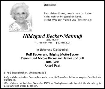 Anzeige von Hildegard Becker-Mannuß von Kölner Stadt-Anzeiger / Kölnische Rundschau / Express