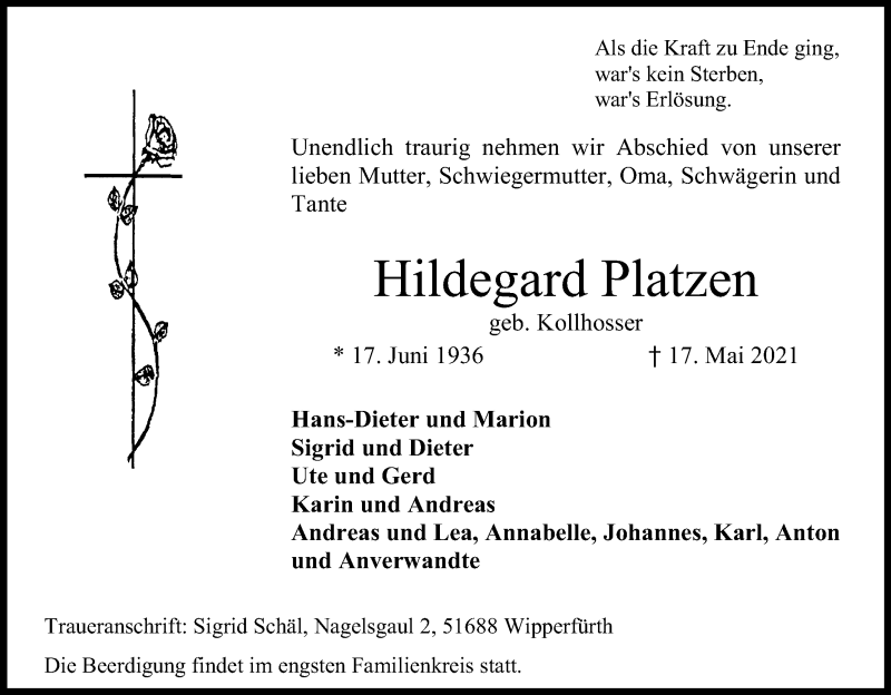  Traueranzeige für Hildegard Platzen vom 22.05.2021 aus Kölner Stadt-Anzeiger / Kölnische Rundschau / Express