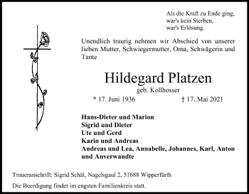 Anzeige von Hildegard Platzen von Kölner Stadt-Anzeiger / Kölnische Rundschau / Express