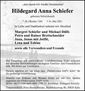 Anzeige von Hildegard Anna Schiefer von Kölner Stadt-Anzeiger / Kölnische Rundschau / Express