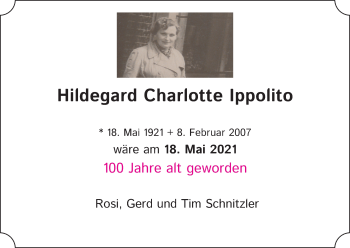 Anzeige von Hildegard Charlotte Ippolito von Kölner Stadt-Anzeiger / Kölnische Rundschau / Express