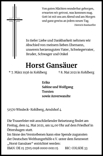Anzeige von Horst Gansäuer von Kölner Stadt-Anzeiger / Kölnische Rundschau / Express