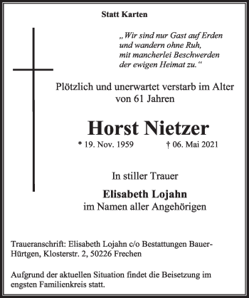 Anzeige von Horst Nietzer von  Wochenende 