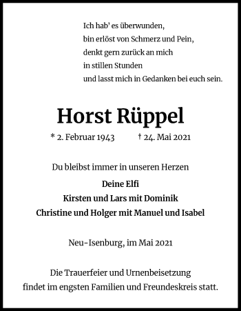 Anzeige von Horst Rüppel von Kölner Stadt-Anzeiger / Kölnische Rundschau / Express