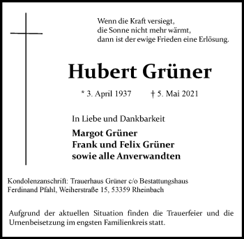 Anzeige von Hubert Grüner von  Schaufenster/Blickpunkt 