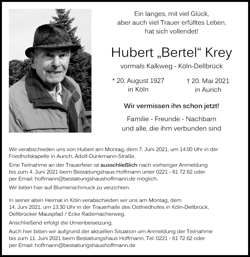  Traueranzeige für Hubert  Krey vom 29.05.2021 aus Kölner Stadt-Anzeiger / Kölnische Rundschau / Express