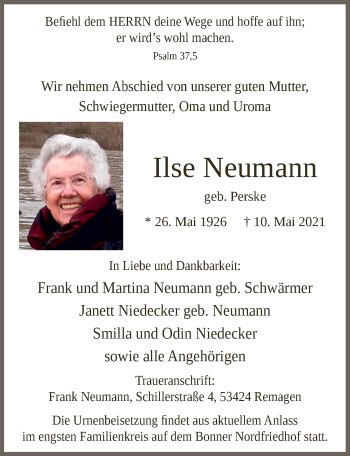 Anzeige von Ilse Neumann von  Lokalanzeiger 