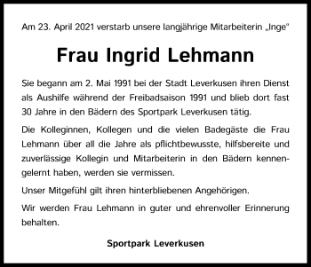 Anzeige von Ingrid Lehmann von Kölner Stadt-Anzeiger / Kölnische Rundschau / Express