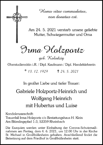 Anzeige von Irma Holzportz von  Blickpunkt Euskirchen 