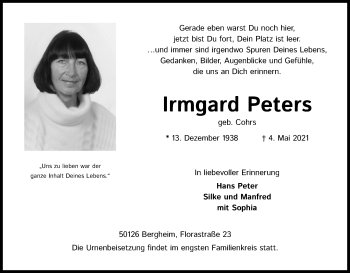 Anzeige von Irmgard Peters von Kölner Stadt-Anzeiger / Kölnische Rundschau / Express