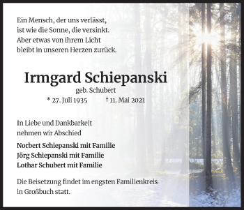 Anzeige von Irmgard Schiepanski von Kölner Stadt-Anzeiger / Kölnische Rundschau / Express