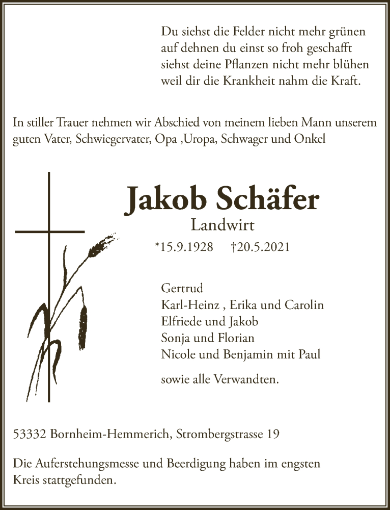  Traueranzeige für Jakob Schäfer vom 28.05.2021 aus  Schaufenster/Blickpunkt 