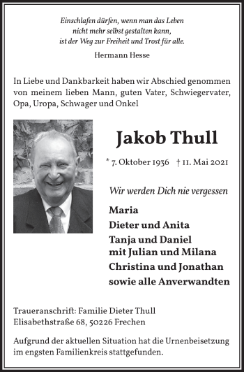 Anzeige von Jakob Thull von  Wochenende 