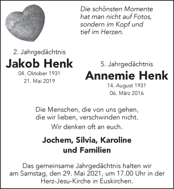 Anzeige von Jakob und Annemie Henk von  Blickpunkt Euskirchen 