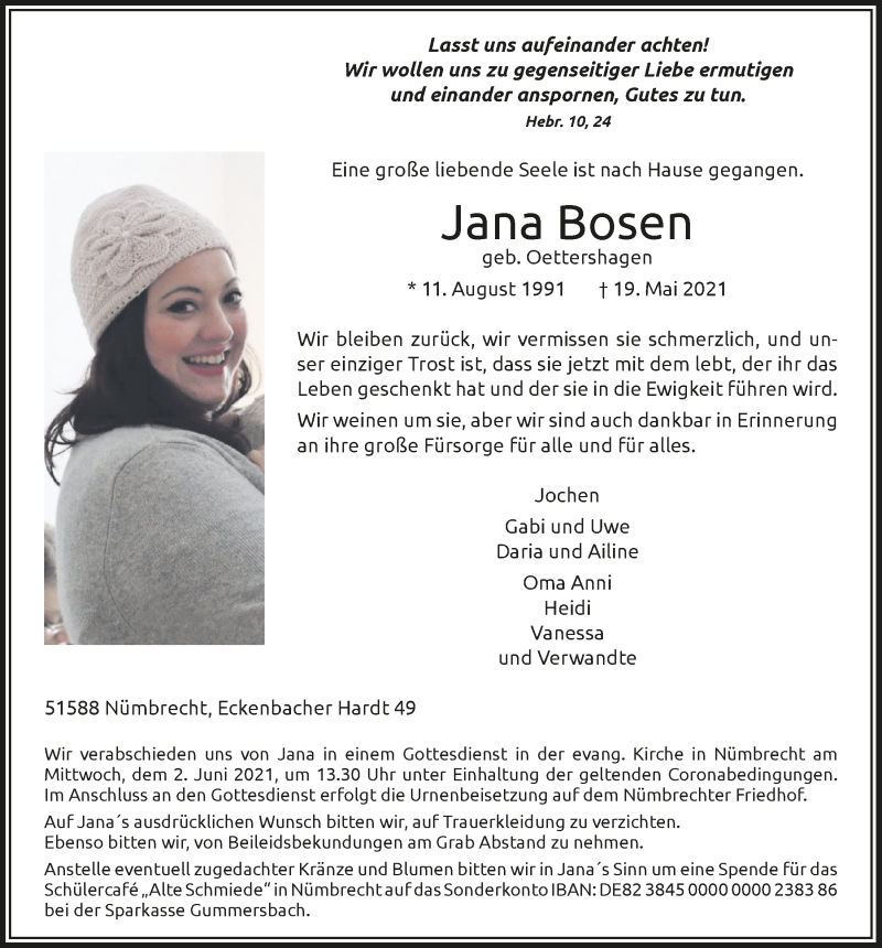  Traueranzeige für Jana Bosen vom 28.05.2021 aus  Lokalanzeiger 