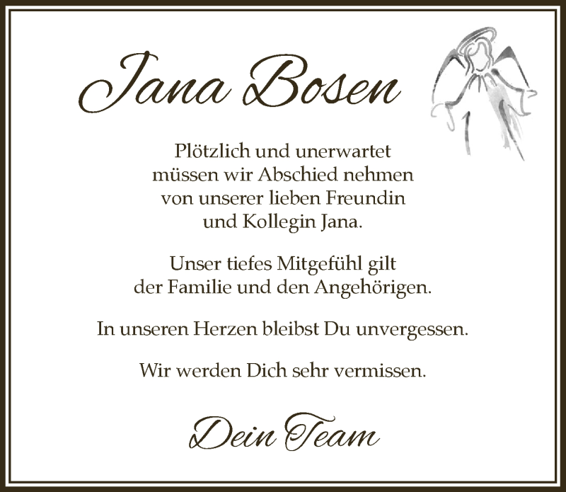  Traueranzeige für Jana Bosen vom 28.05.2021 aus  Lokalanzeiger 