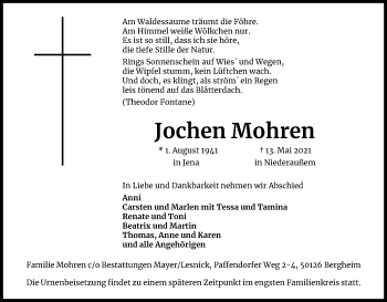 Anzeige von Jochen Mohren von Kölner Stadt-Anzeiger / Kölnische Rundschau / Express
