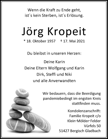 Anzeige von Jörg Kropeit von Kölner Stadt-Anzeiger / Kölnische Rundschau / Express