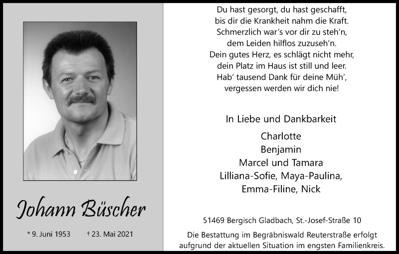  Traueranzeige für Johann Büscher vom 29.05.2021 aus Kölner Stadt-Anzeiger / Kölnische Rundschau / Express