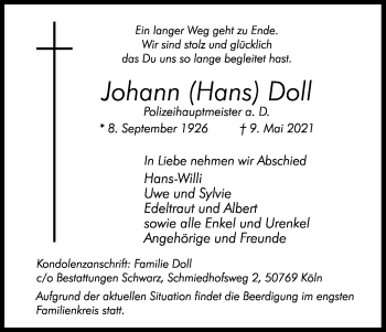 Anzeige von Johann  Doll von Kölner Stadt-Anzeiger / Kölnische Rundschau / Express