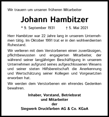 Anzeige von Johann Hambitzer von Kölner Stadt-Anzeiger / Kölnische Rundschau / Express