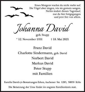 Anzeige von Johanna David von  Kölner Wochenspiegel 