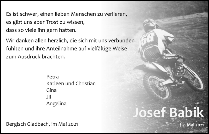 Traueranzeige für Josef Babik vom 28.05.2021 aus  Bergisches Handelsblatt 