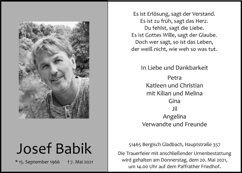  Traueranzeige für Josef Babik vom 14.05.2021 aus  Bergisches Handelsblatt 