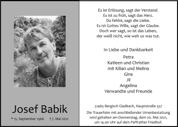 Anzeige von Josef Babik von  Bergisches Handelsblatt 