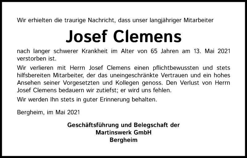  Traueranzeige für Josef Clemens vom 22.05.2021 aus Kölner Stadt-Anzeiger / Kölnische Rundschau / Express