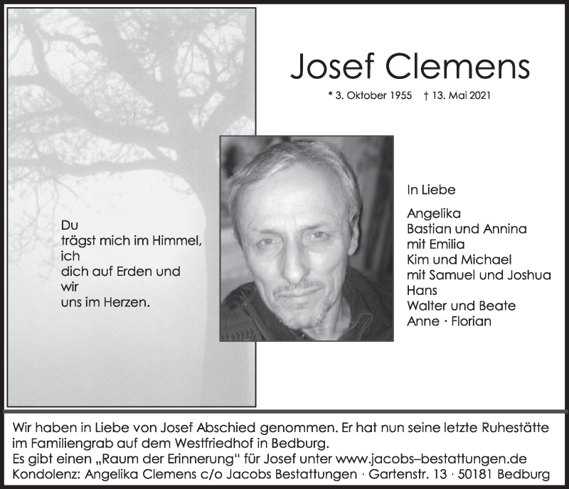  Traueranzeige für Josef Clemens vom 21.05.2021 aus  Werbepost 