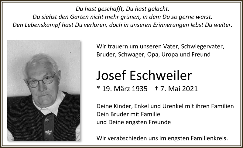  Traueranzeige für Josef Eschweiler vom 22.05.2021 aus  Blickpunkt Euskirchen 